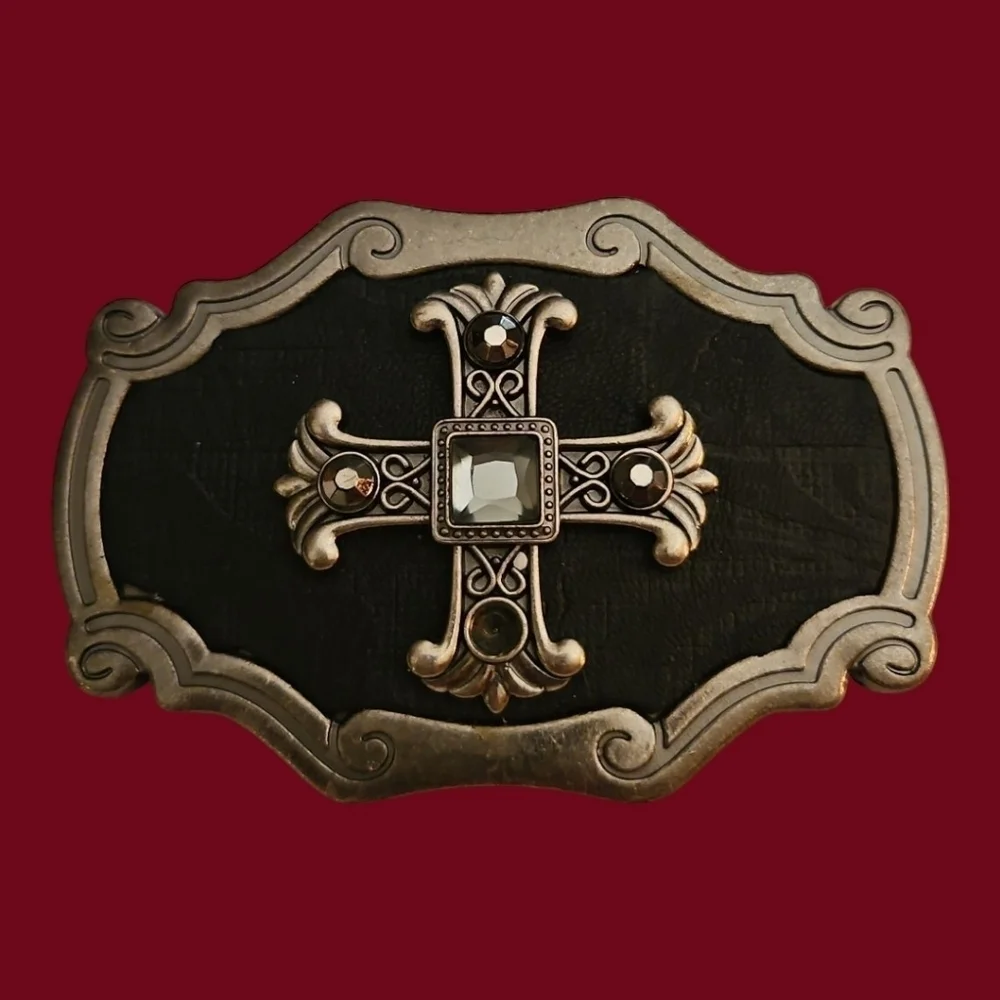 Vintage Ornate Two-tone Cross Punk Goth Metal Belt Buckle